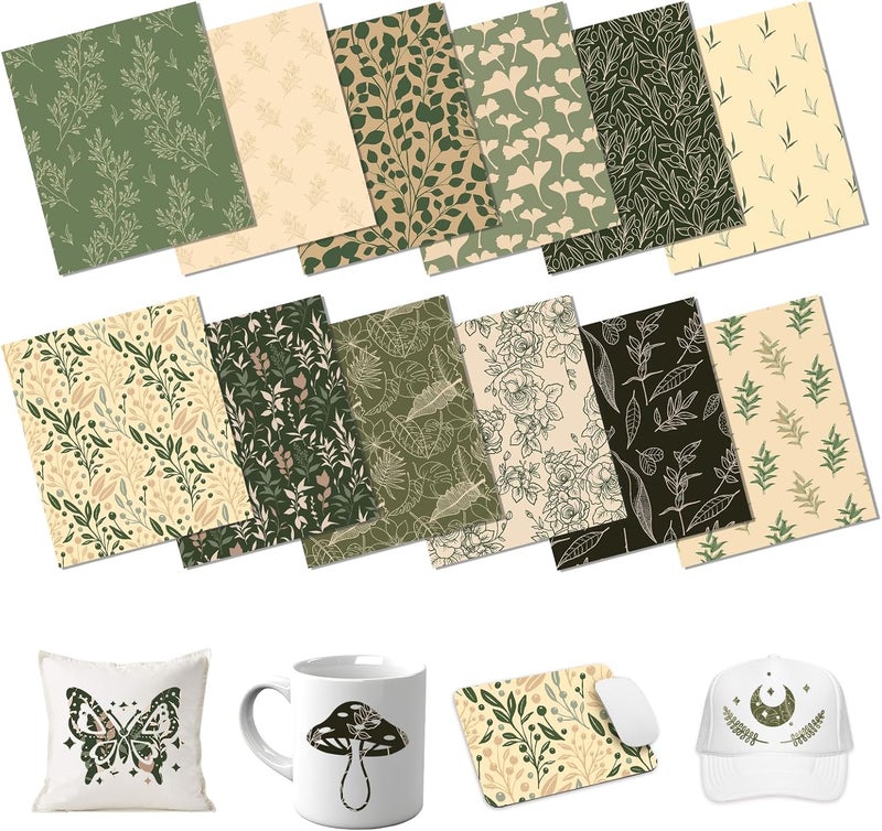 HTVSTD Green Sublimation Transfer Ink Paper - 12sheets 12" x 10" Boho Style Patterned Sublimation Transfer Sheets for Tumbler Mugs DIY Sublimation Patterned Paper - Image 1